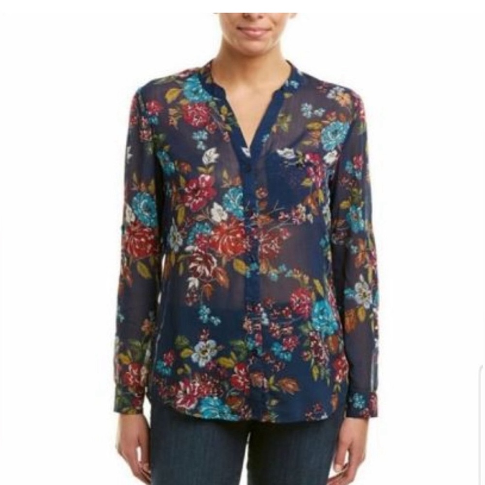 Kut‎ from the Kloth Navy Floral Sheer Sinclaire Button Down Blouse M